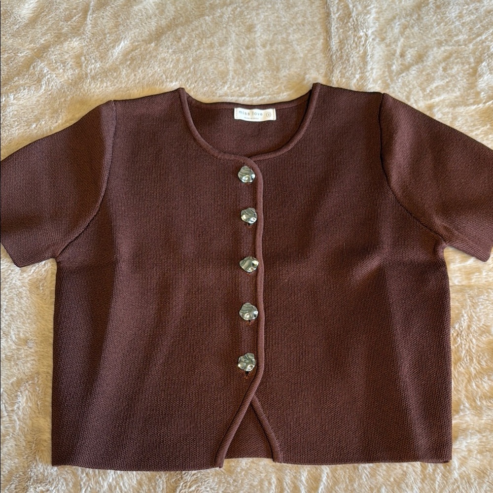 Brown Short Sleeve Cardigan with Gem Buttons